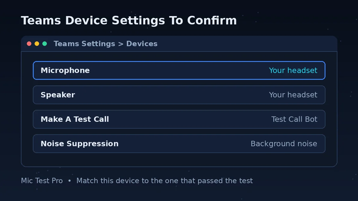 Teams Settings and Devices panel: microphone, speaker, test call and noise suppression