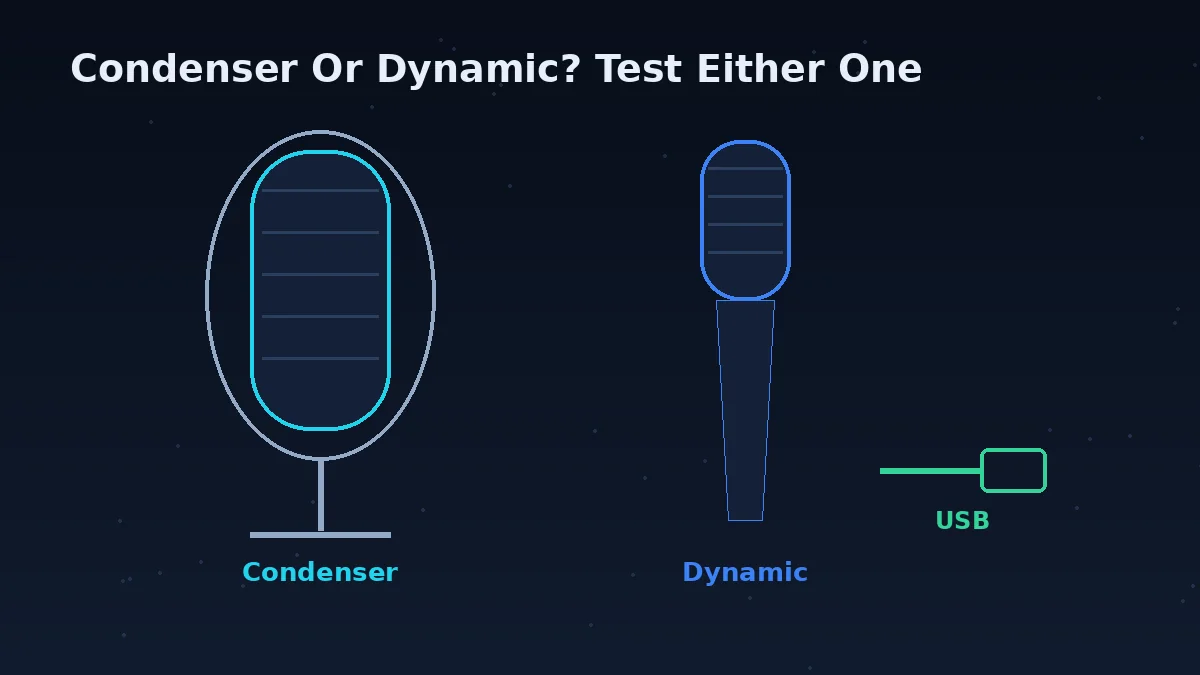 Condenser and dynamic USB microphones — either type can be tested in the browser