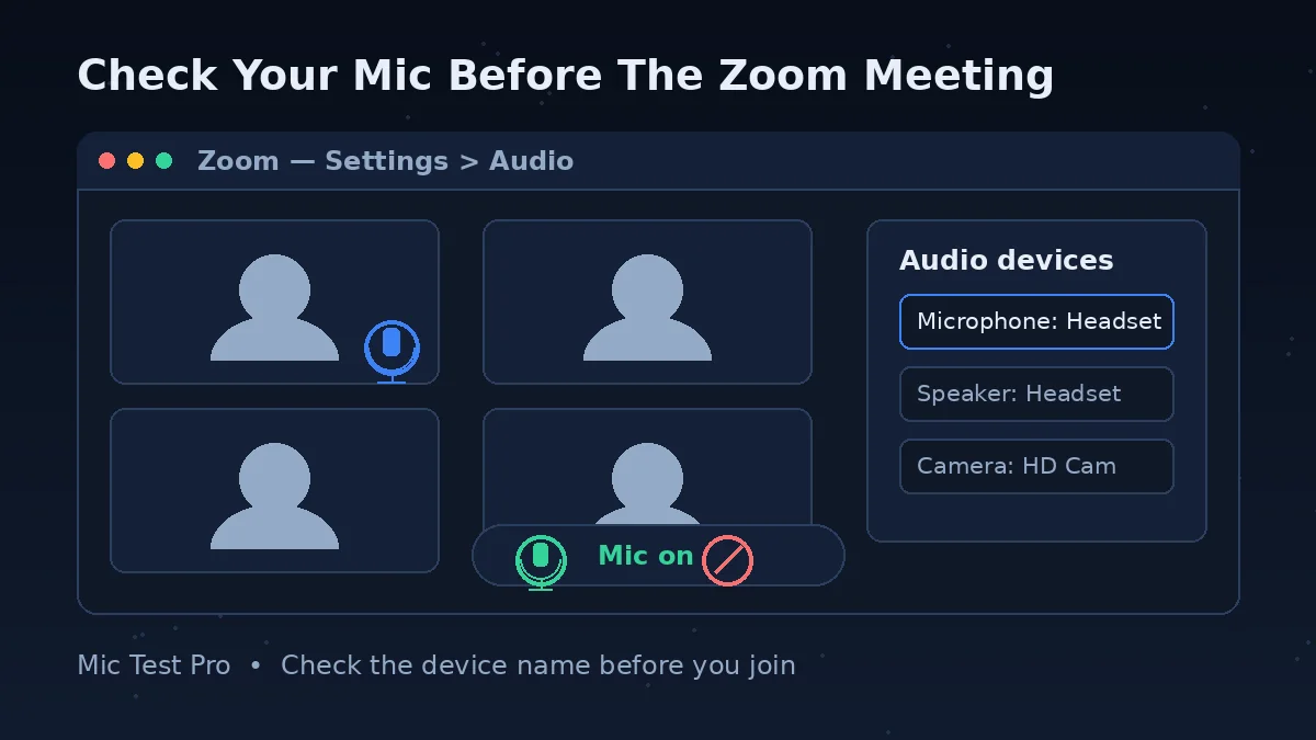 Zoom meeting window with audio device settings — check your microphone before joining