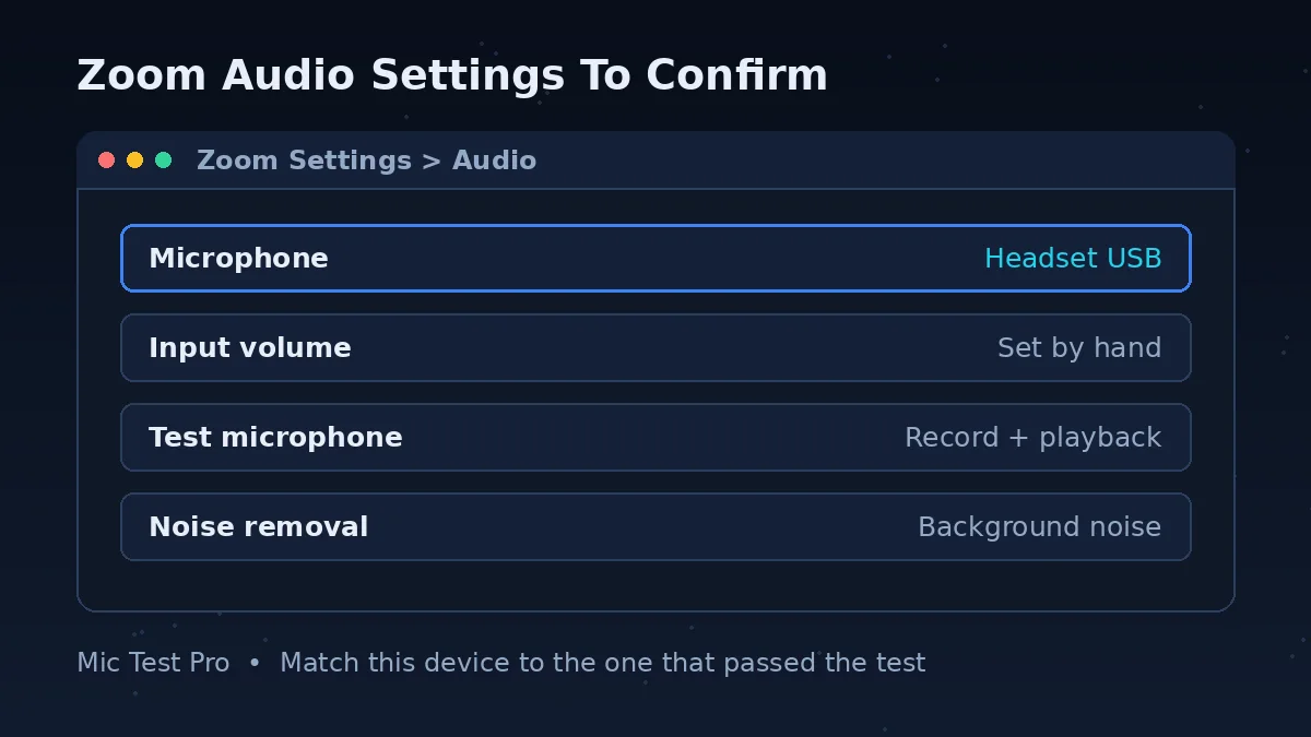 Zoom audio settings to confirm: microphone device, input volume, test microphone and noise removal